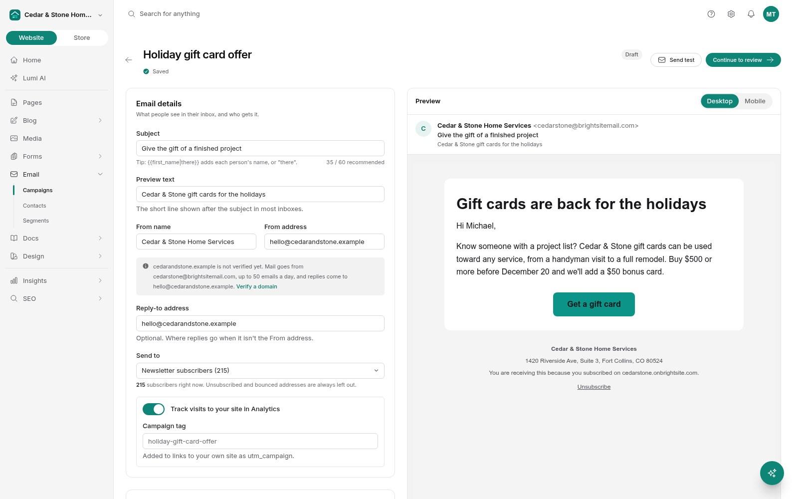 Email campaign editor with a live preview