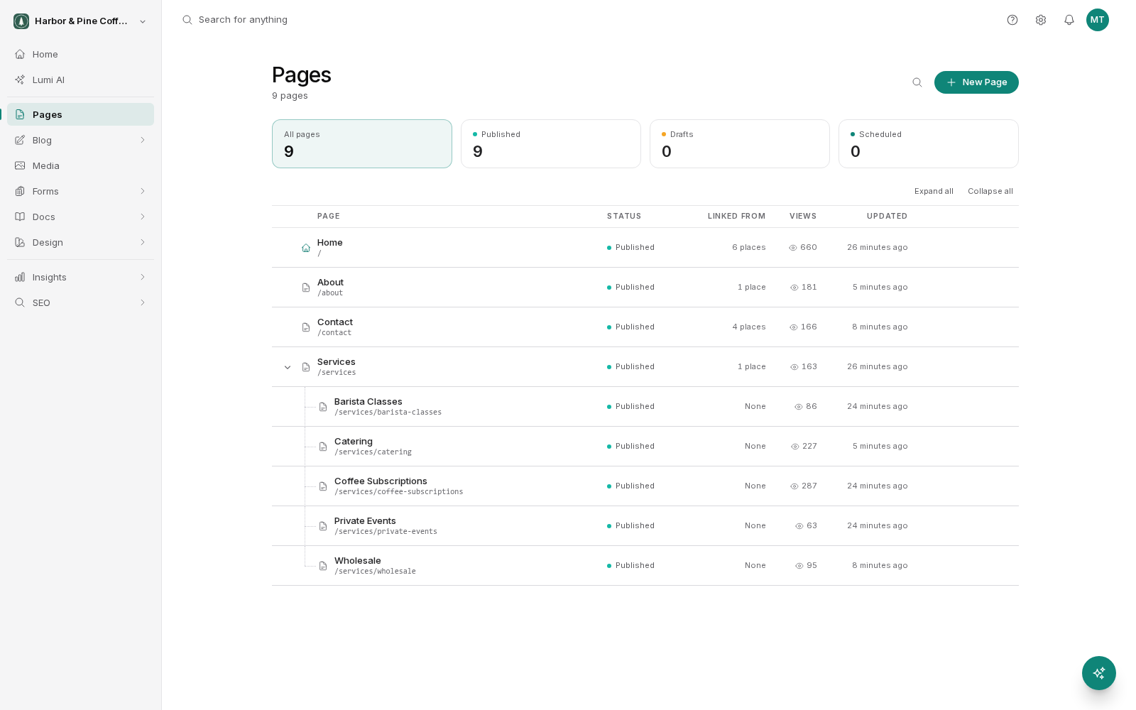 The BrightSite admin with the sidebar on the left listing Home, Lumi AI, Pages, Blog, Media, Forms, Docs, Design, Insights and SEO under the organization switcher, the top strip with search, help, settings, updates and avatar, and the Pages list open in the main area.