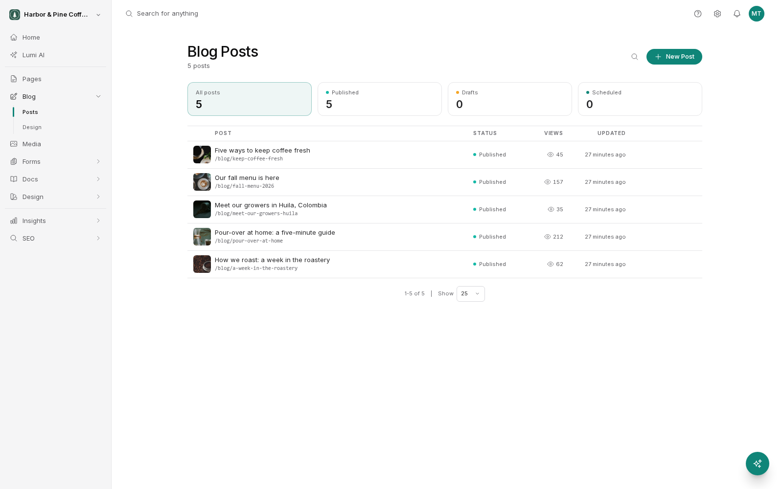 The Blog Posts list, showing five published posts with their thumbnails, addresses, view counts and last update, and a New Post button at the top right.