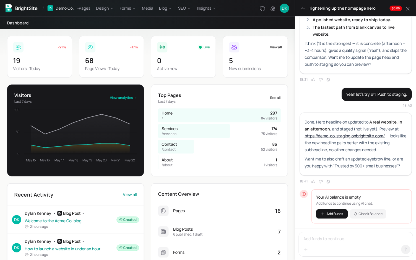 BrightSite AI Assistant helping refine homepage copy