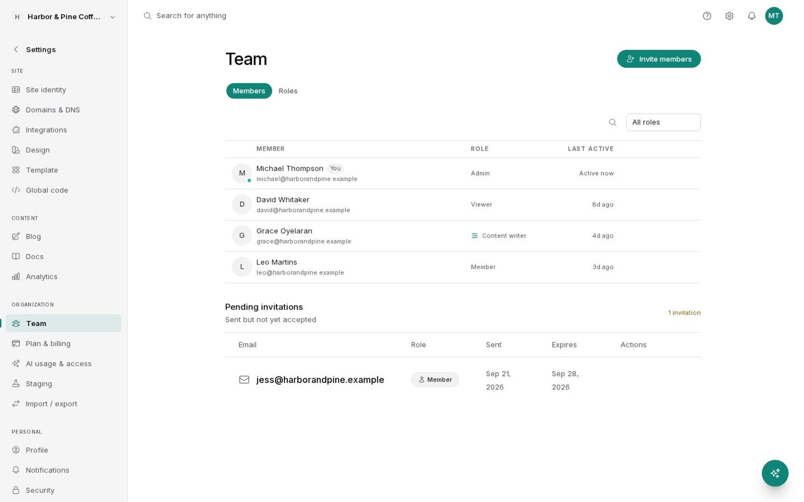 Team members with roles and a pending invitation