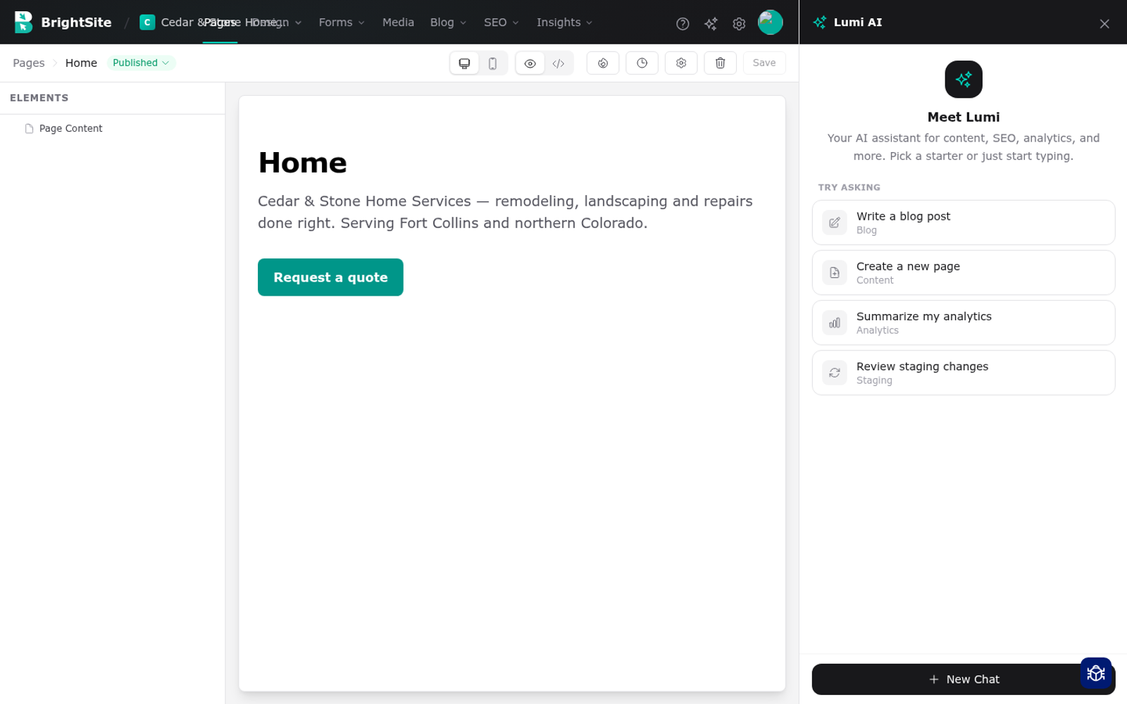 The Lumi chat drawer open beside the pages list.