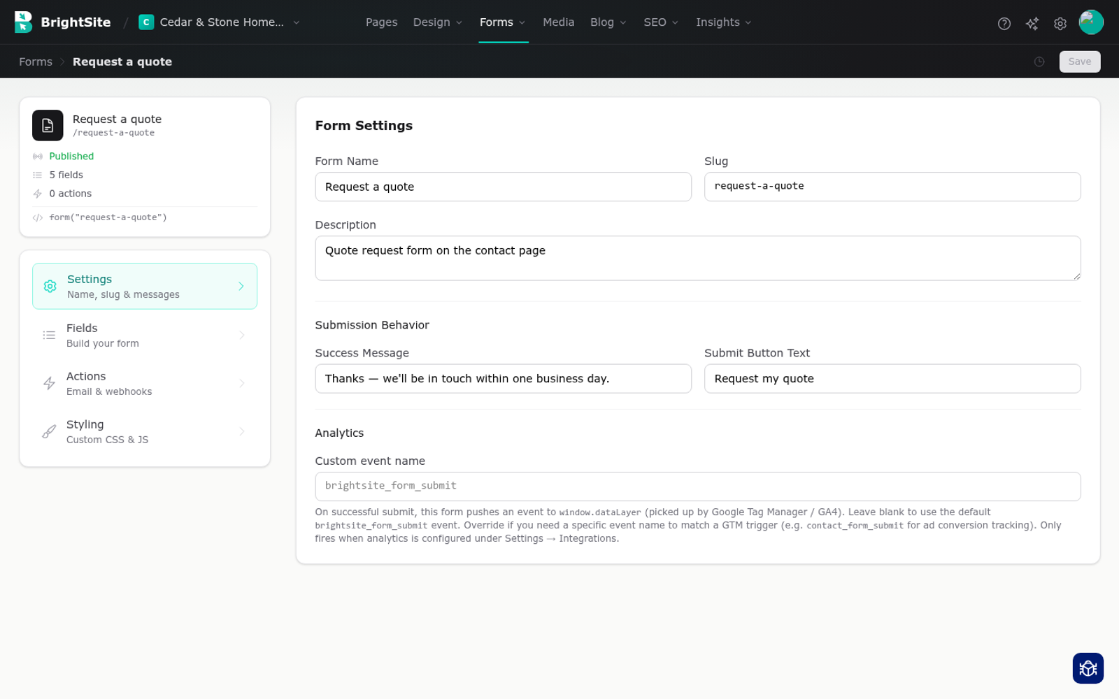A form open in the form builder, showing its fields, button text and notification settings.