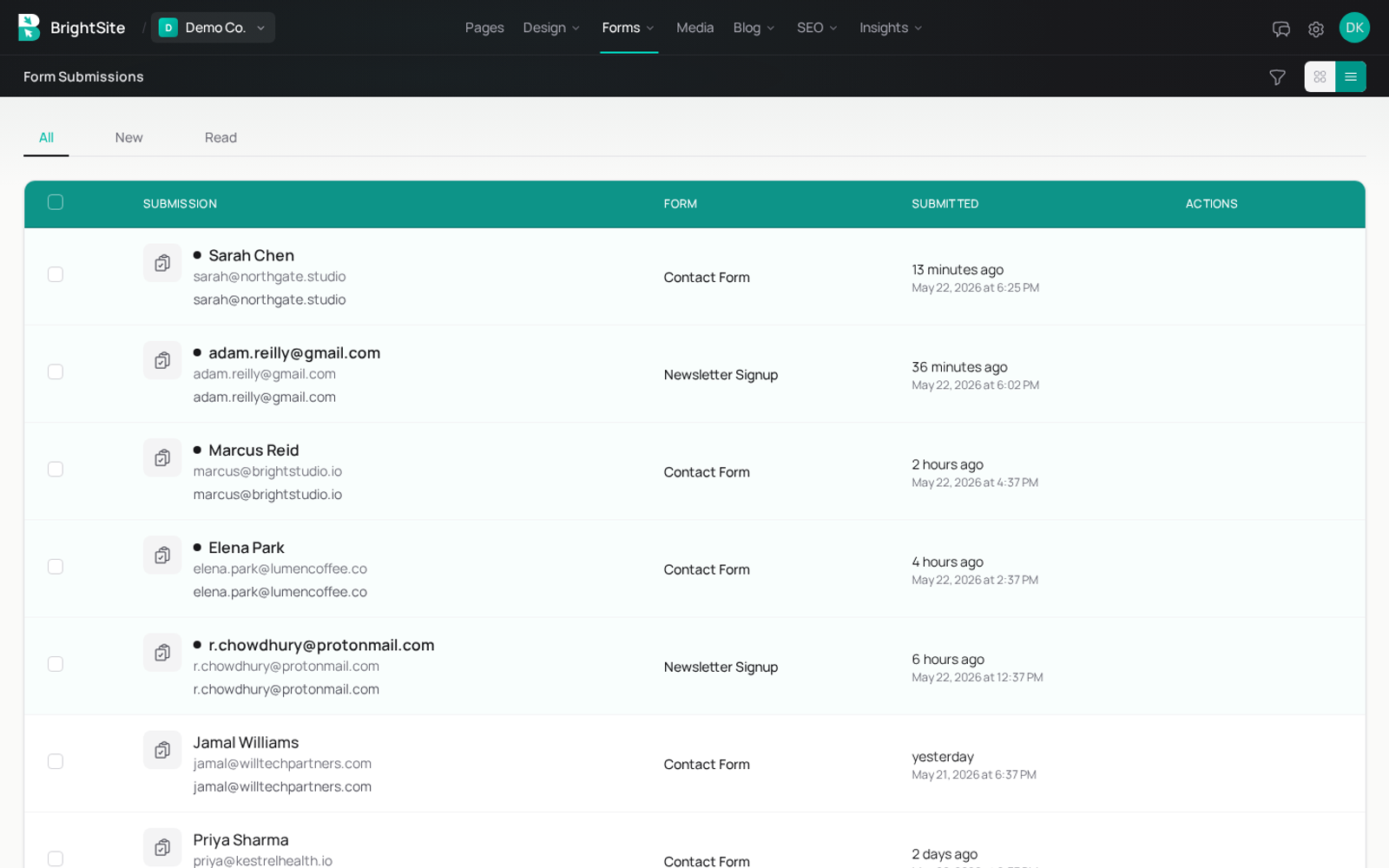 Form submissions inbox with mixed read and unread entries