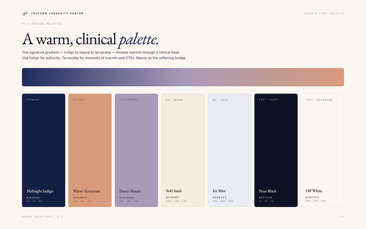 TruForm Longevity Center brand guidelines by K Squared, color palette page
