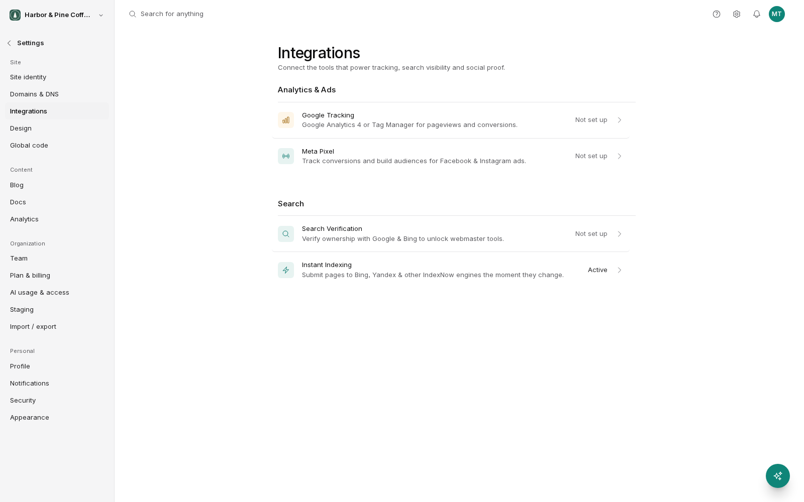 The Integrations settings screen. Under Analytics and Ads are Google Tracking, for Google Analytics 4 or Tag Manager, and Meta Pixel, both marked Not set up. Under Search are Search Verification for Google and Bing, marked Not set up, and Instant Indexing, marked Active. Each row has an arrow to open it.