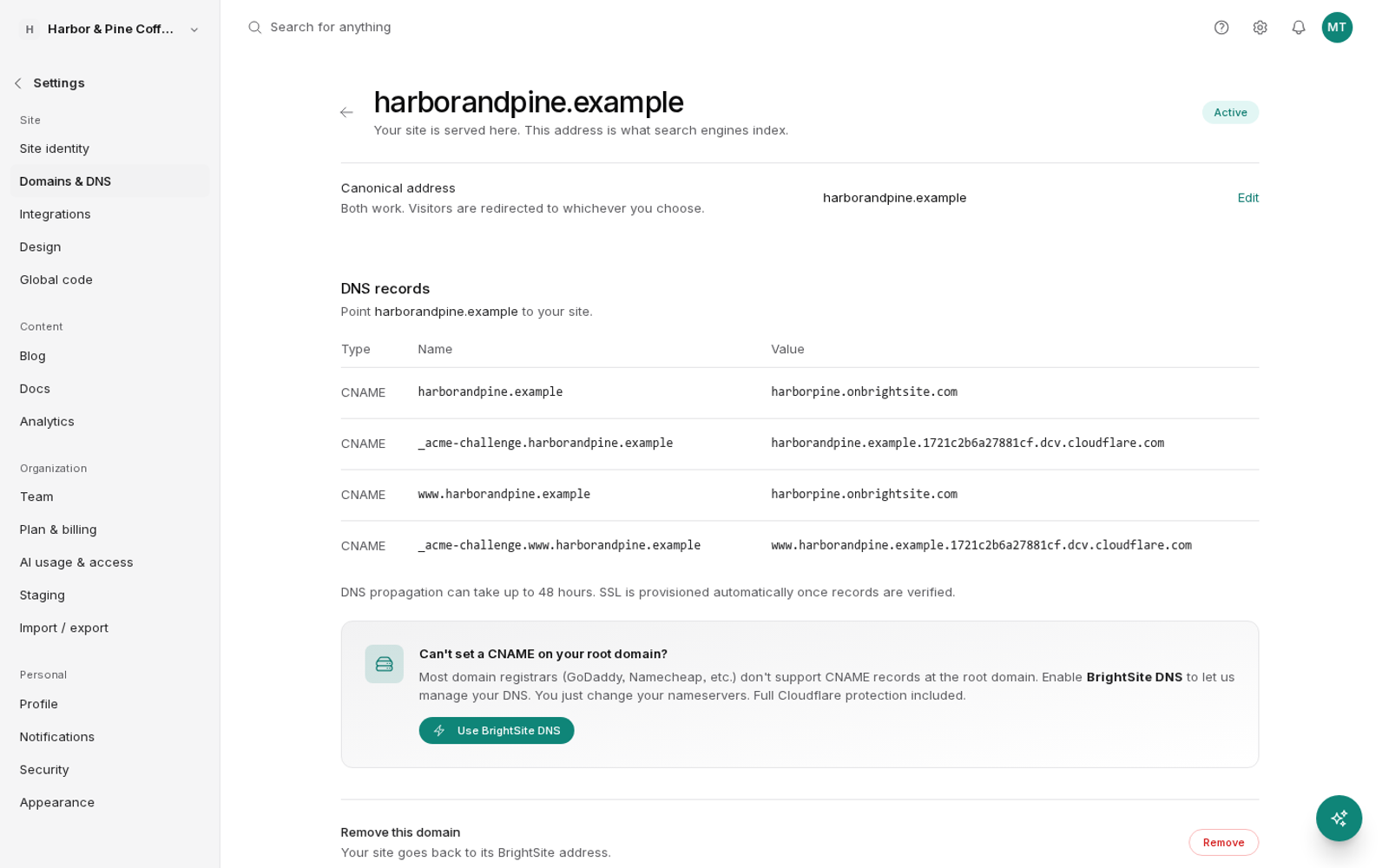 The domain page with an Active badge. The note under the title reads: Your site is served here. This address is what search engines index. The same four CNAME records are listed below.
