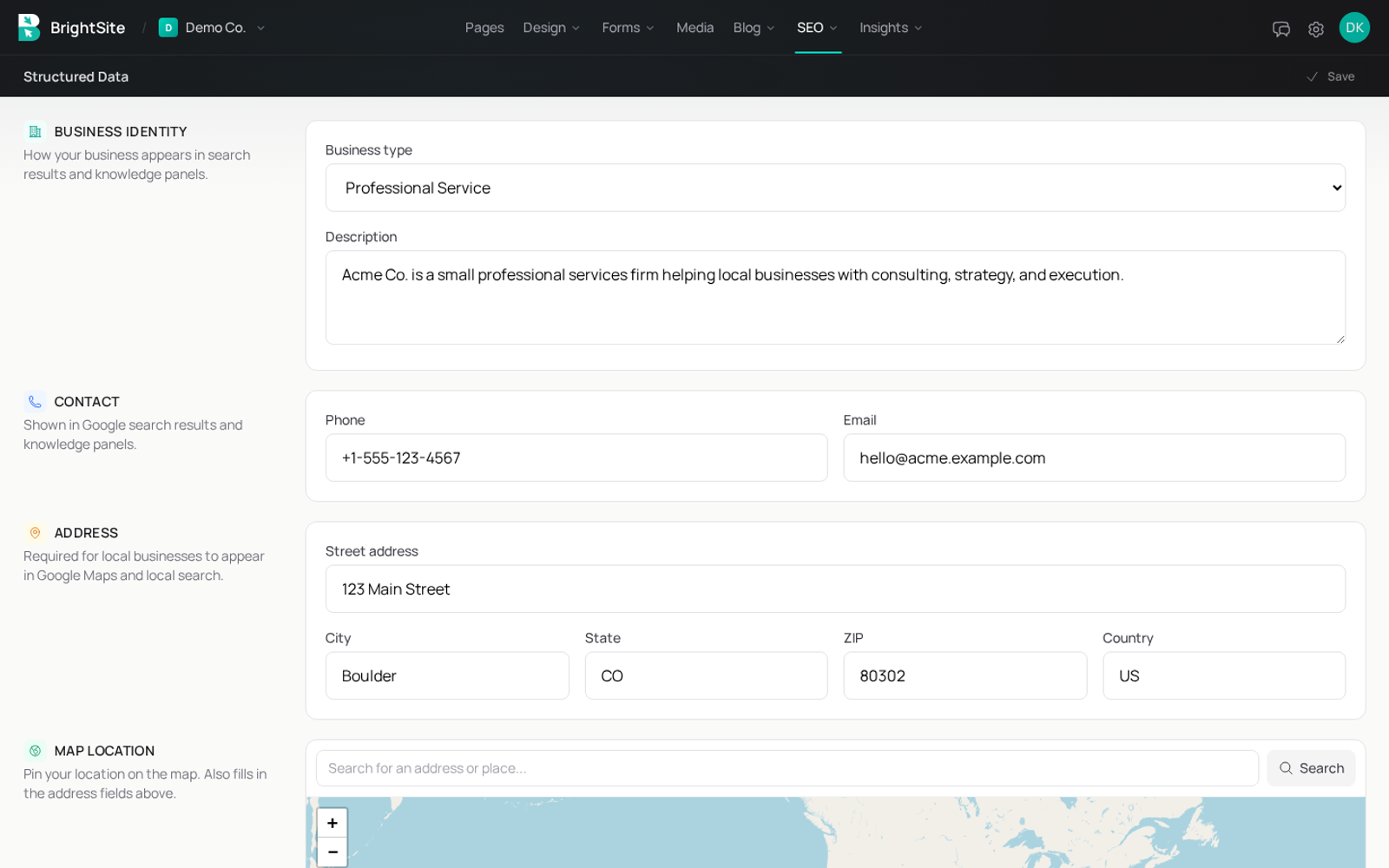 SEO structured data panel with business identity fields