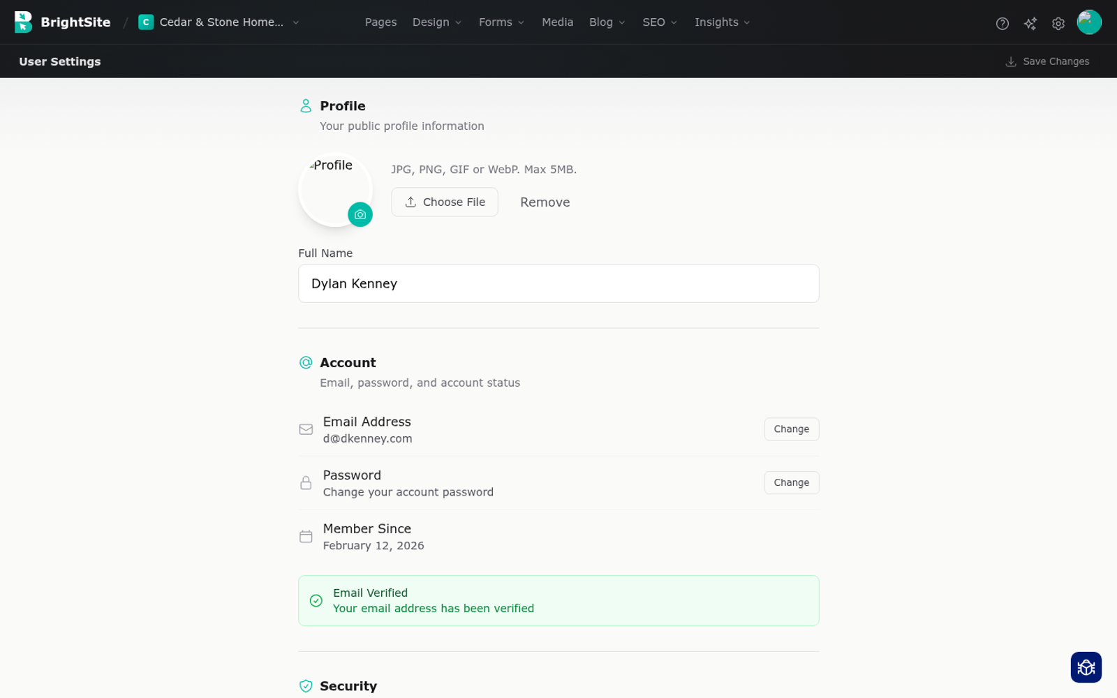 The profile settings page, with fields for name and avatar, and sections for email, password, two-factor authentication and API keys.