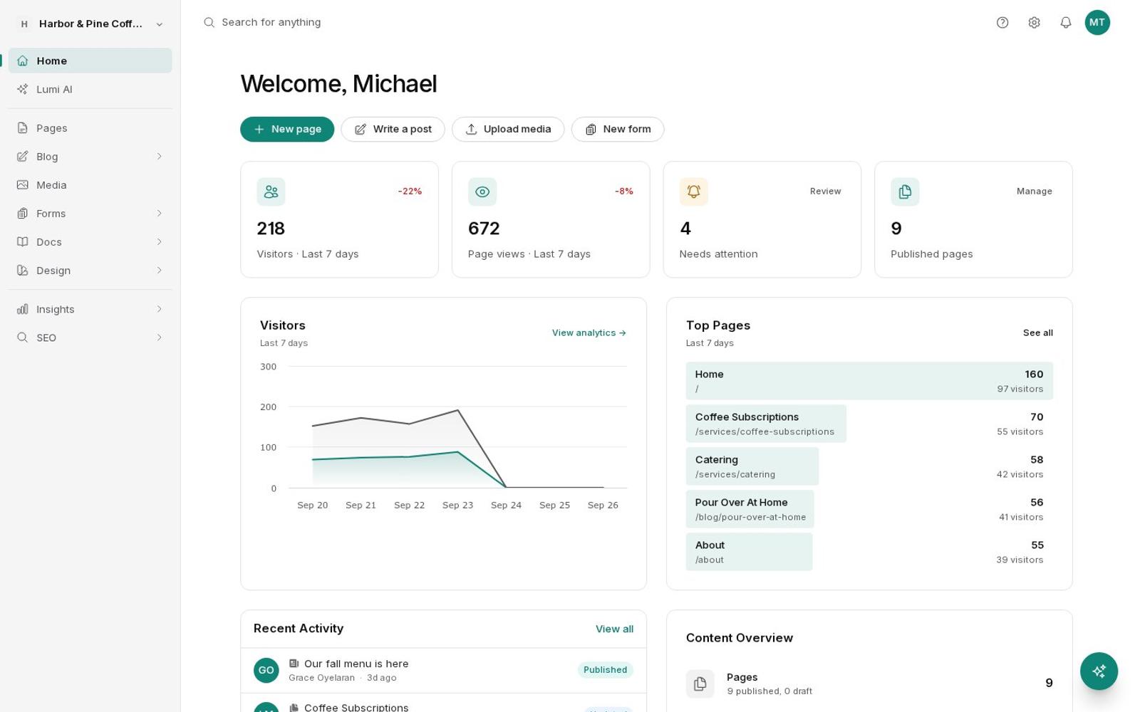 Dashboard with visitors, top pages, and sources