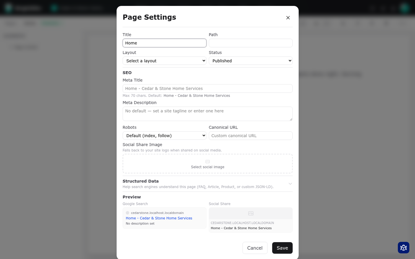 The page settings panel with fields for the page title, slug and meta description.