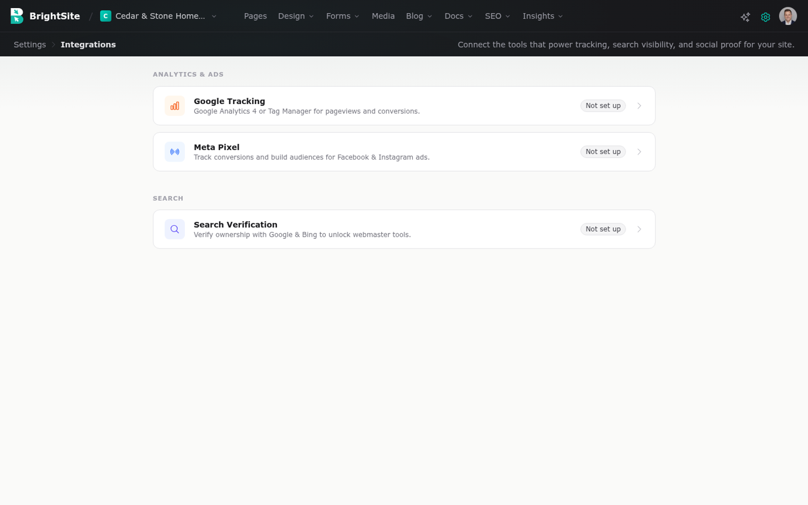 The Integrations directory, grouped by category, each showing whether it is connected.