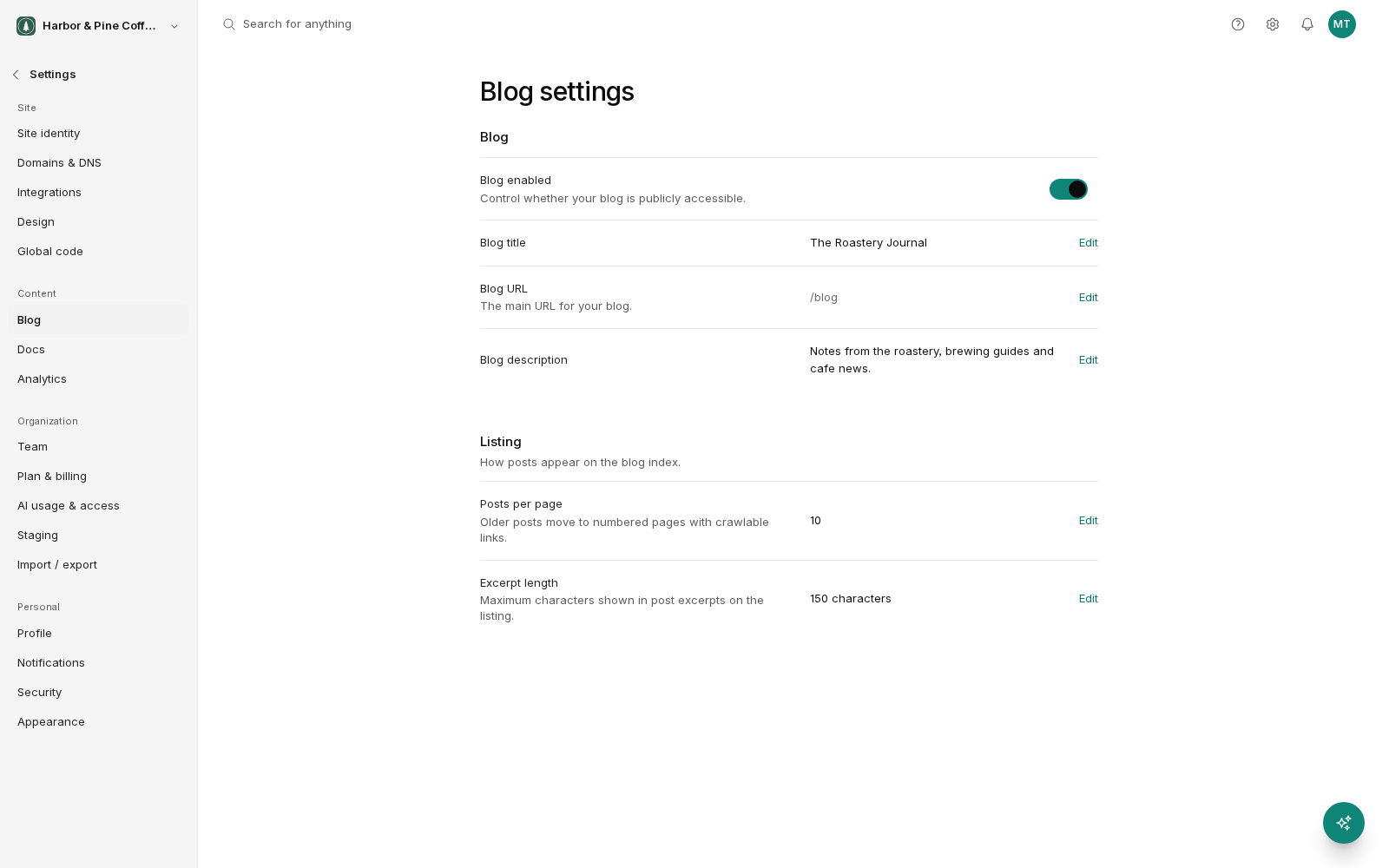 The Blog settings screen. The Blog section has a Blog enabled toggle, the blog title, the blog URL set to /blog and the blog description, each with an Edit link. The Listing section shows posts per page set to 10 and excerpt length set to 150 characters.