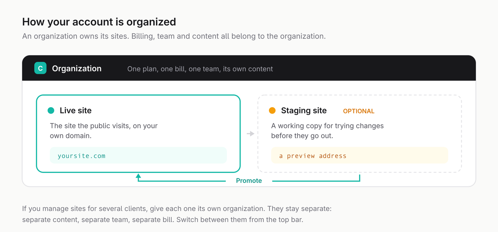 A diagram of how the three words nest. An organization holds the team, the billing and the domain. Inside it sits one live site, which is what the public sees, and optionally a staging site, a private copy. Promoting the staging site makes its changes the live site.
