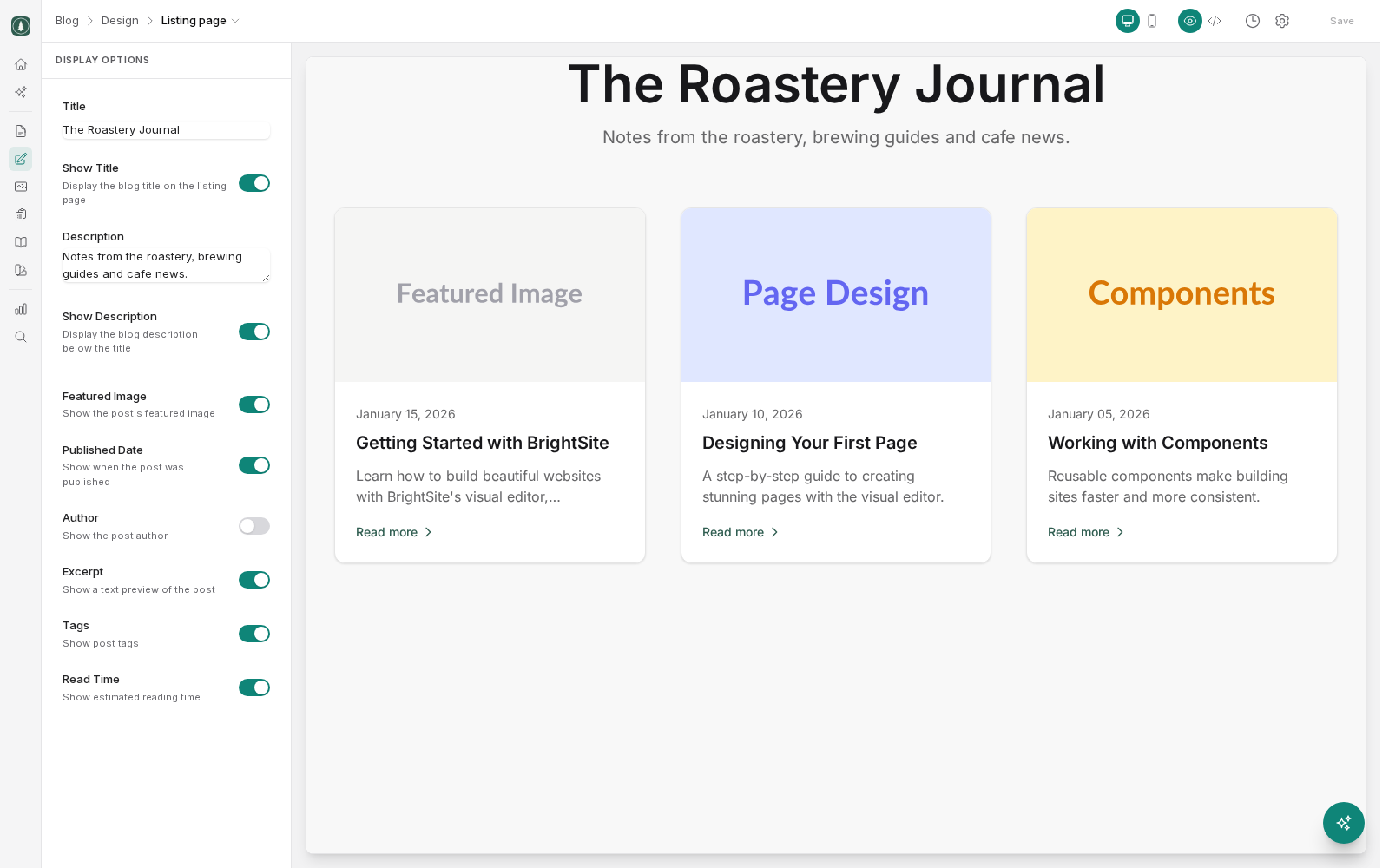 The blog Listing page design open in the editor. A Display Options panel on the left holds the blog title and description with toggles to show them, and toggles for featured image, published date, author, excerpt, tags and read time. The preview on the right shows the listing with the blog title, description and three post cards.