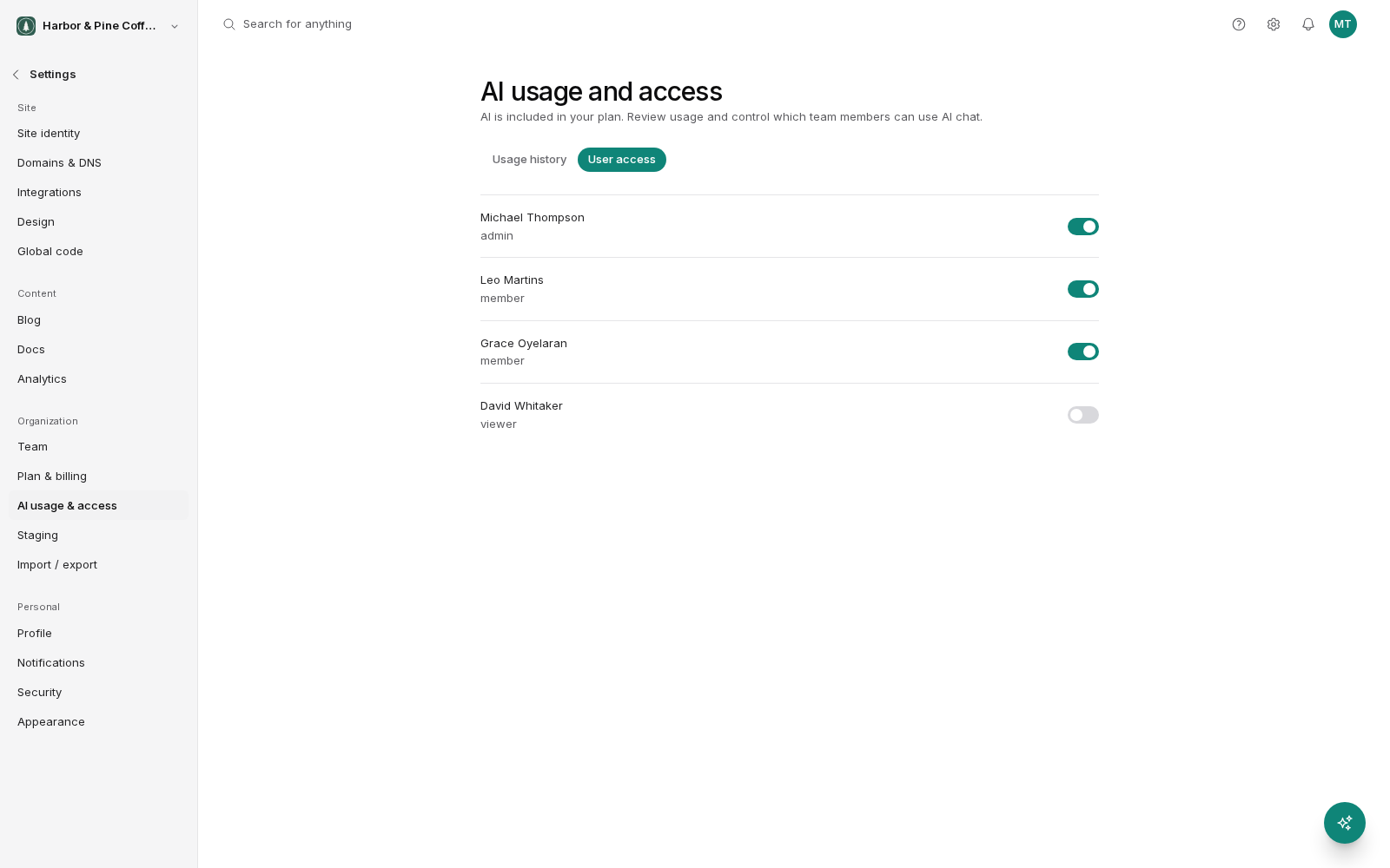 The User access tab of AI usage and access, listing four team members with their roles. The admin and two members have AI switched on, and a viewer has it switched off.