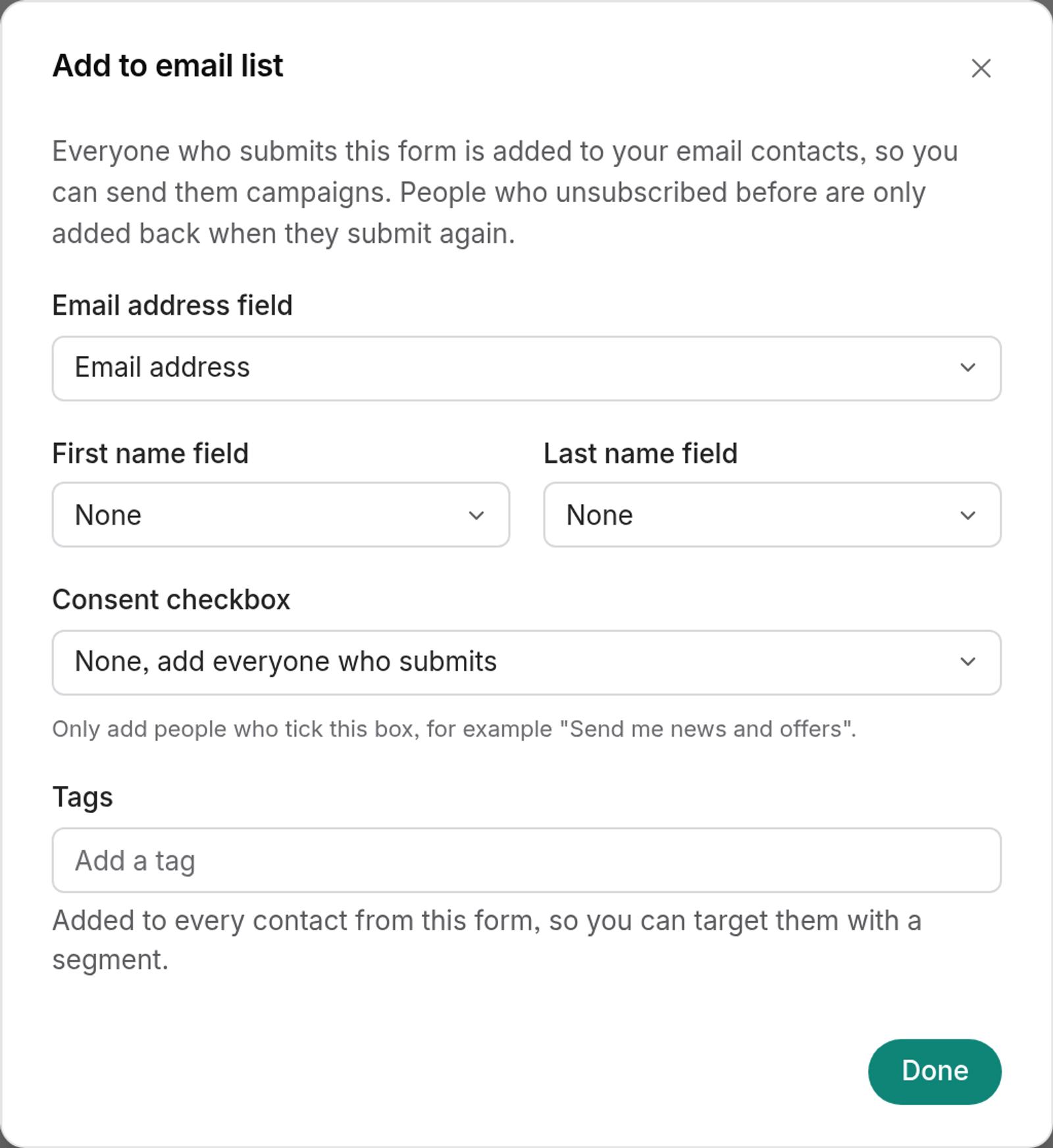 The Add to email list action on a newsletter signup form: choose the email, first name, and last name fields, an optional consent checkbox, and tags