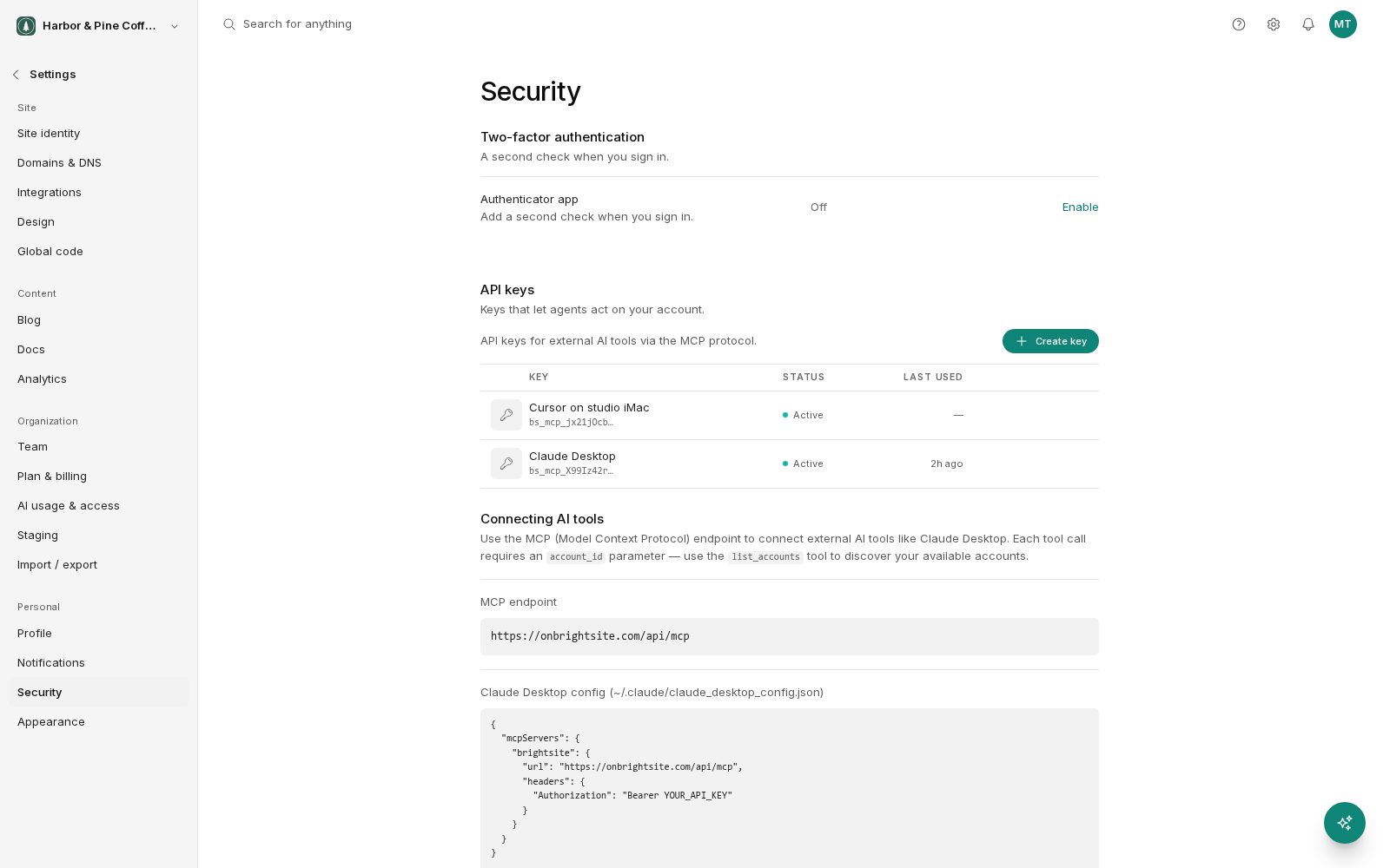 The Security settings screen, opened from Security under Personal in the settings sidebar. Two-factor authentication is at the top. The API keys section below has a Create key button and lists two named keys, each showing the start of the key, an Active status and when it was last used. The Connecting AI tools box underneath shows the MCP endpoint address and a Claude Desktop config snippet with a placeholder for your API key.