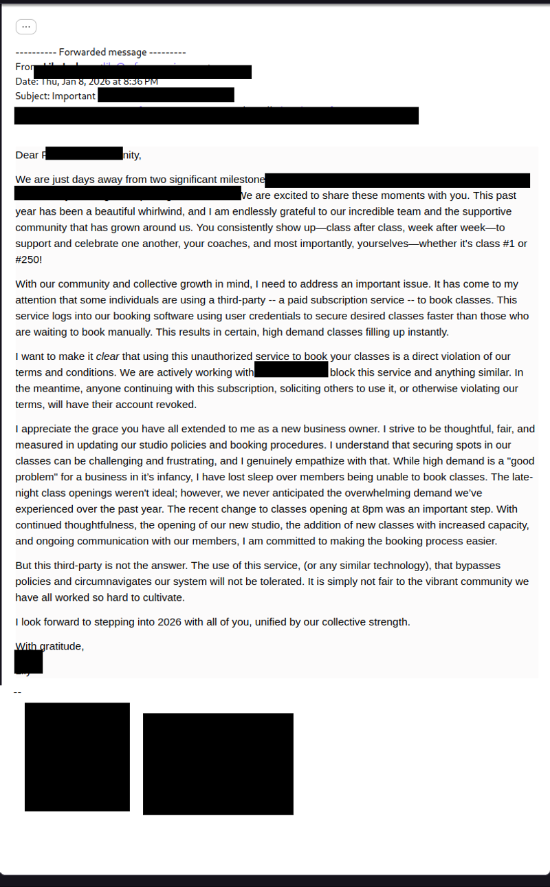 The actual threatening email sent to members