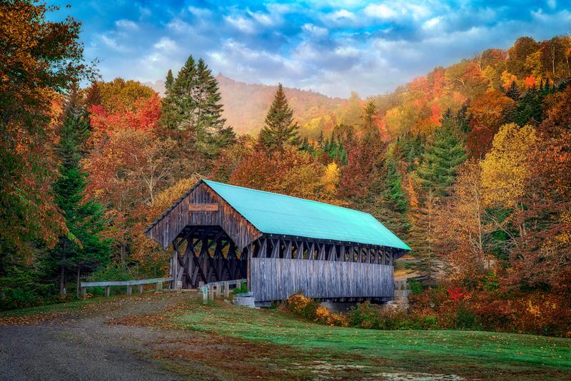 Rick Berk Notecard Set photo: a cool mist hangs in the mountains near Wilsons Mill, Maine at Bennett Bean Bridge