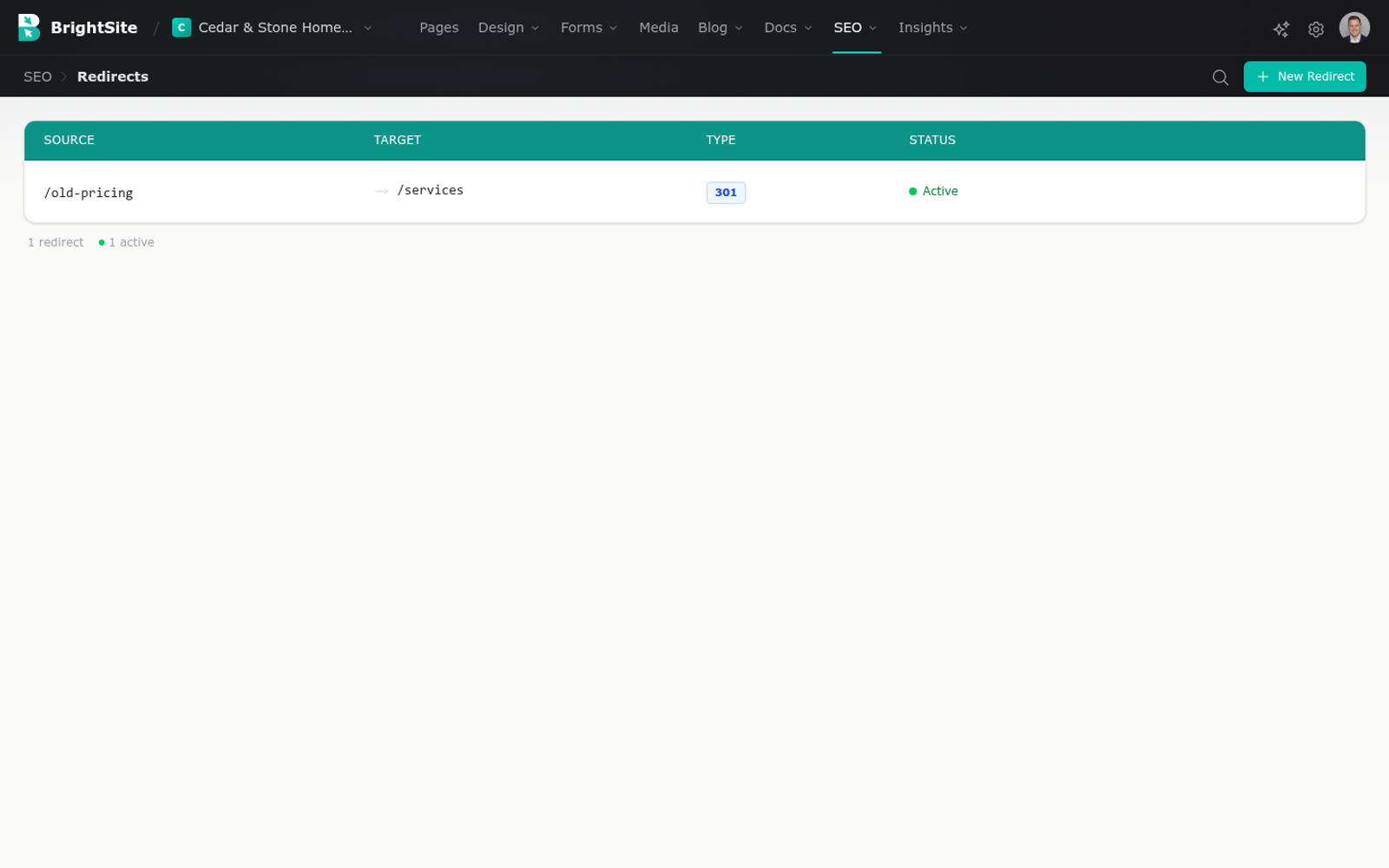 The Redirects list showing a source path, a target path and the redirect type.