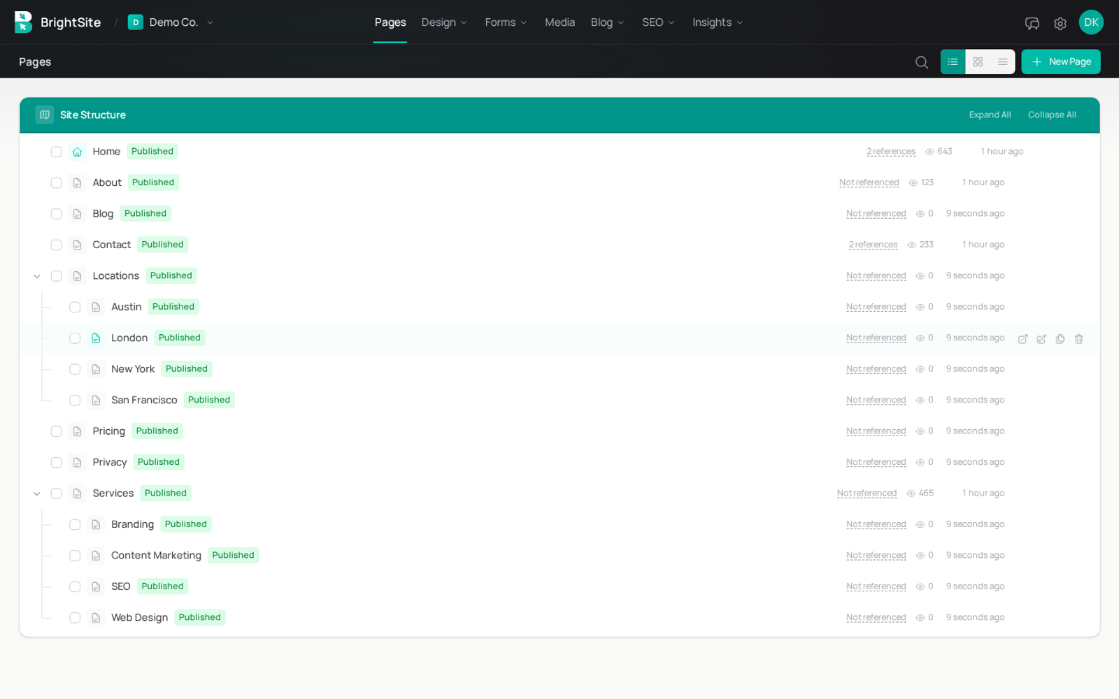Site Structure showing parent and child pages organized in a tree